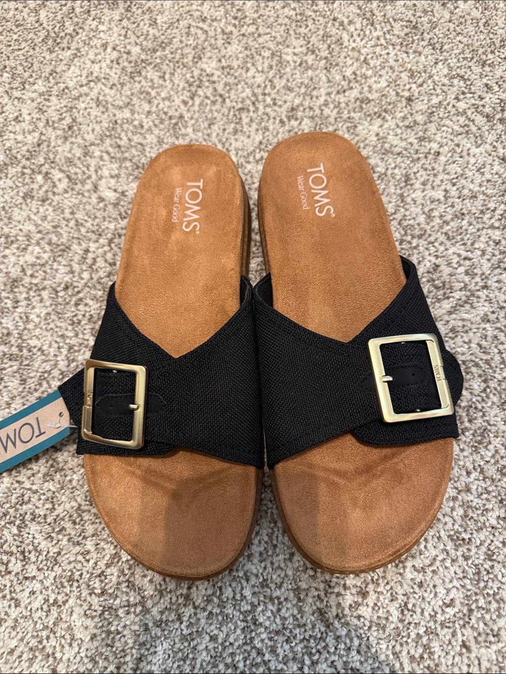 Toms Black Cross-Buckle Slide Sandals with Brown Footbed